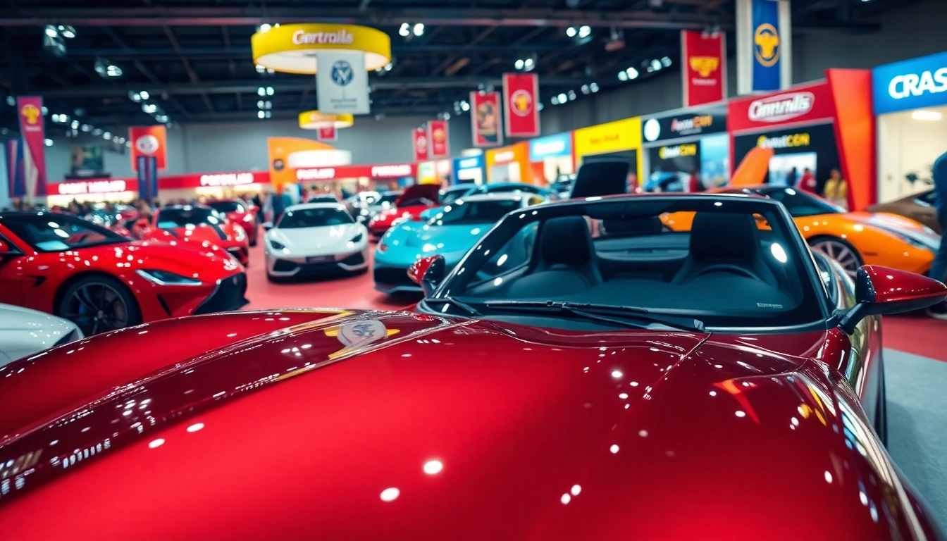 Showcase of various vehicles at an Auto Cars Show, highlighting vibrant designs and enthusiastic crowds.