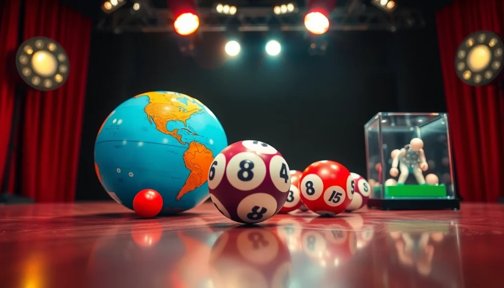 Togel resmi di acara undian lotre dengan bola berwarna-warni dan mesin transparan.