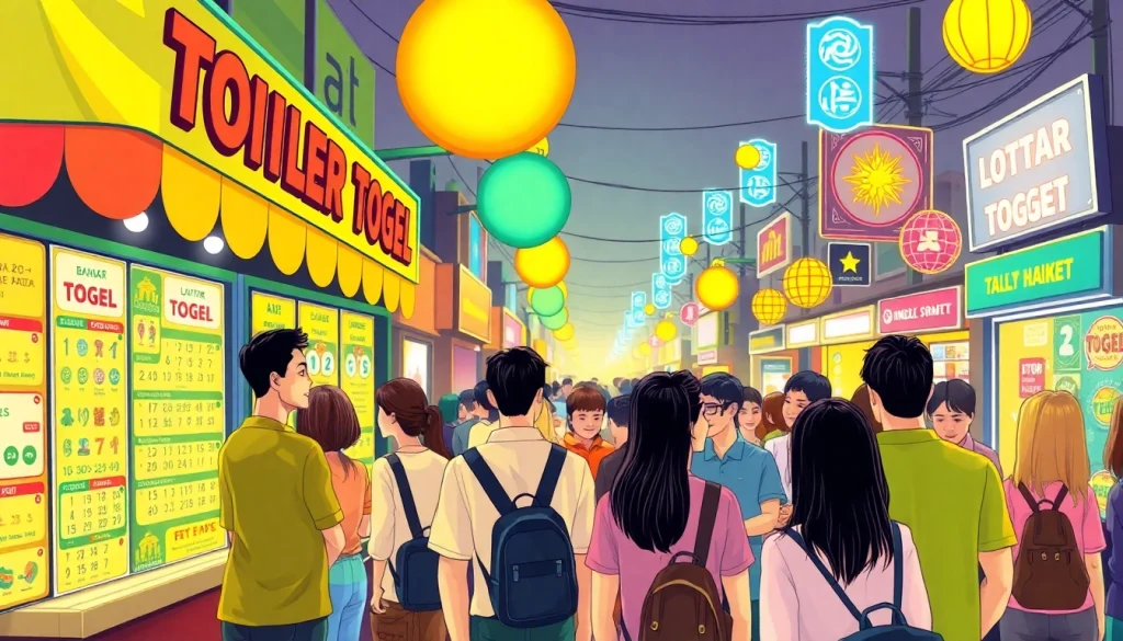 Orang-orang berdiskusi tentang bandar togel di pasar lotere yang ramai, penuh warna.