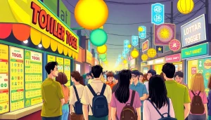 Orang-orang berdiskusi tentang bandar togel di pasar lotere yang ramai, penuh warna.