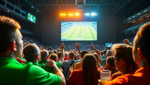 스포츠중계 중인 흥미진진한 팬들과 대형 스크린의 모습