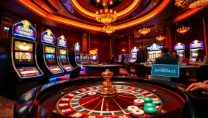 Experience high-stakes action at https://jun88.buzz/ as players engage in thrilling casino games, featuring vibrant slot machines and roulette.