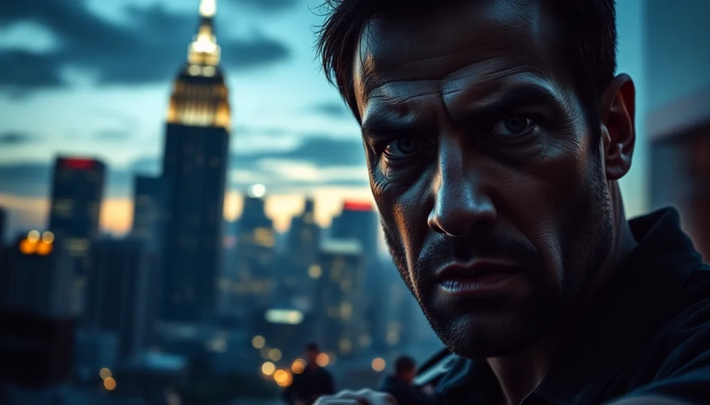 Protagonist facing danger in a clean action thriller, underscored by urban tension and dramatic lighting.
