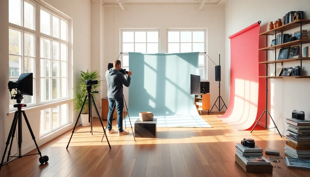 A modern photography studio showcasing a professional photographer capturing moments, illuminated by natural light.