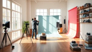 A modern photography studio showcasing a professional photographer capturing moments, illuminated by natural light.