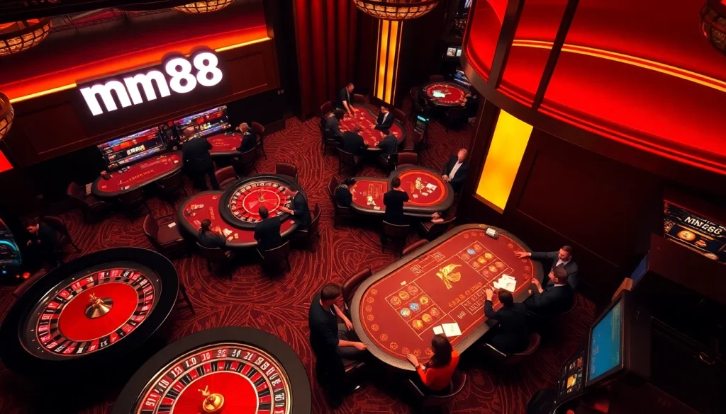 Experience the thrilling action at mm88's vibrant casino tables with engaging poker players and shining slot machines.