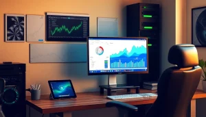 Bitcoin cloud mining setup in a modern home office with financial charts and mining software.