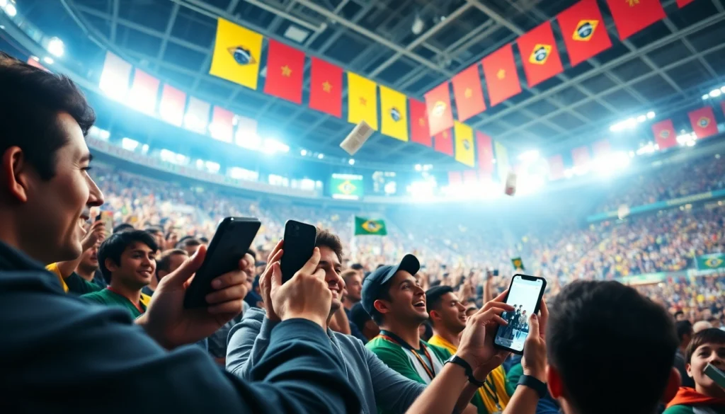 Engaging atmosphere of sports betting Brazil with fans betting energetically in a stadium.