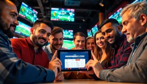 Engaged sports bettors analyzing odds on https://mm88bc.com/ in a lively bar setting.