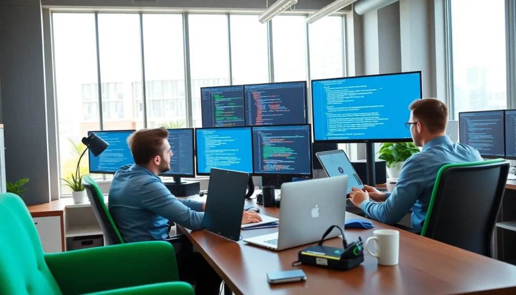 Engaged developers collaborating on wordpress development outsourcing projects in a bright office