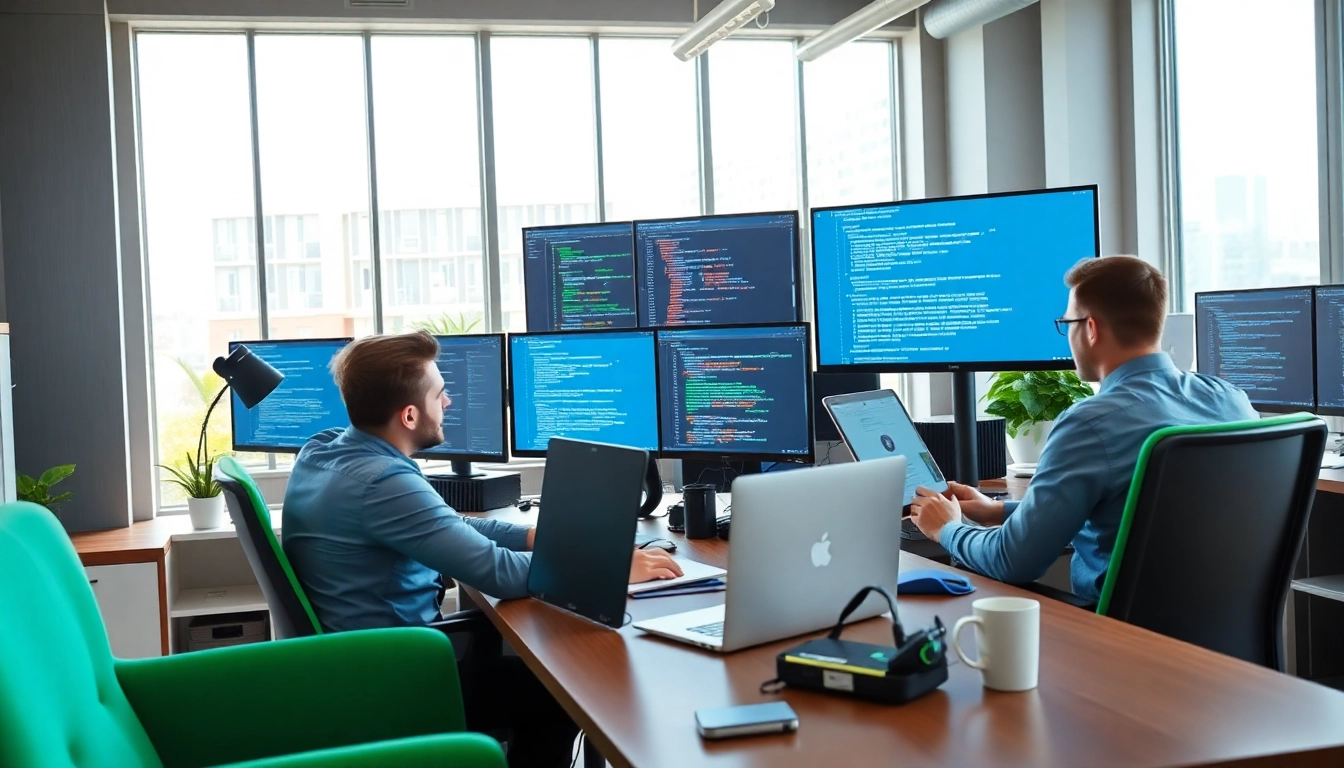 Engaged developers collaborating on wordpress development outsourcing projects in a bright office