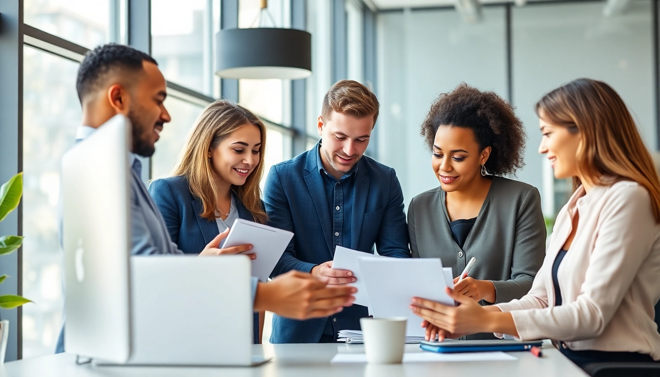 Engaged professionals collaborating on small business jobs in a modern office.
