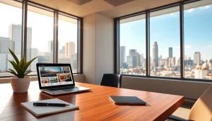 Showcasing real estate office with modern elements and city skyline backdrop.