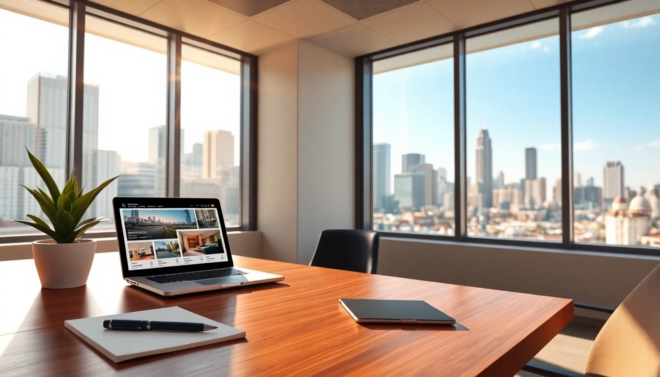 Showcasing real estate office with modern elements and city skyline backdrop.