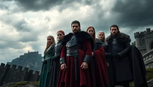Members of the game of thrones cast in a dynamic medieval scene, showcasing rich costumes and dramatic lighting.