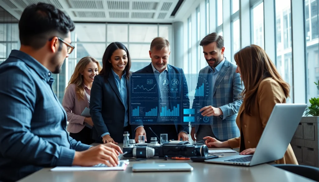 Engaging collaboration in Technology with professionals around a digital interface.