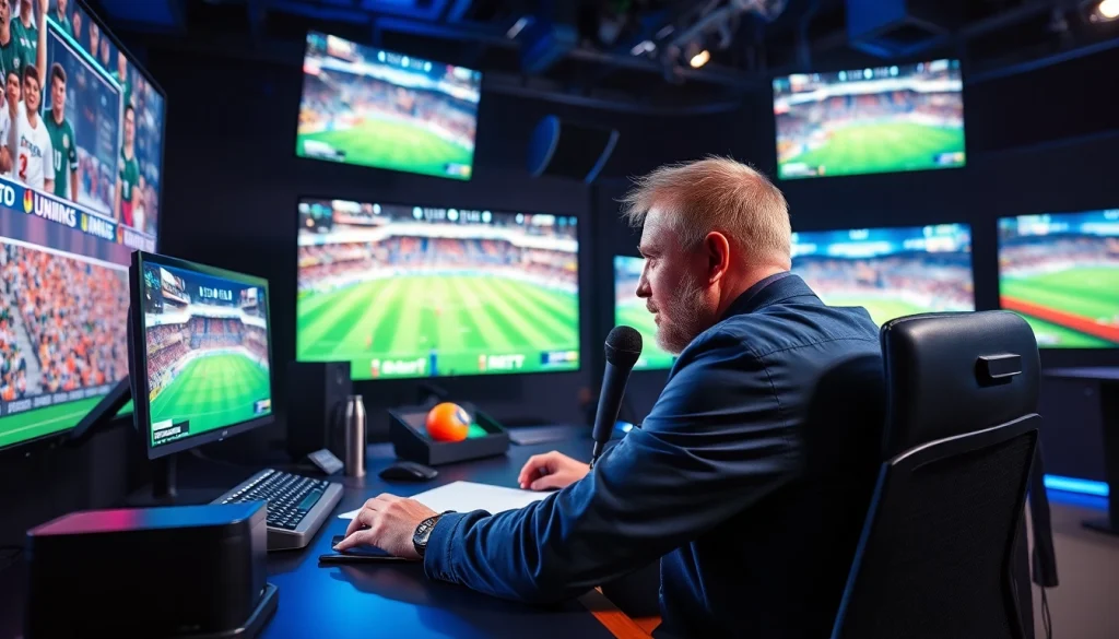 스포츠중계 장면에서 열정적으로 분석하는 스포츠 해설자의 모습