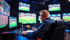 스포츠중계 장면에서 열정적으로 분석하는 스포츠 해설자의 모습