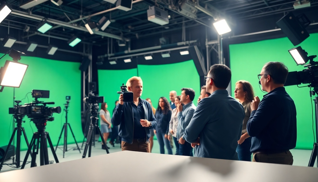 Engaging scene of a Creative Video Production Agency team collaborating in a modern studio.