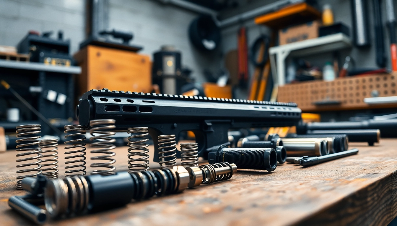 Showcasing a pf940sc slide kit components arranged for assembly on a workshop table.