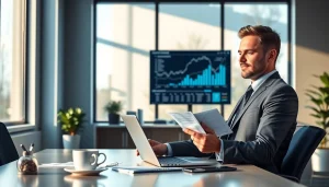 Superfund accountant analyzing financial statements in a professional office environment.