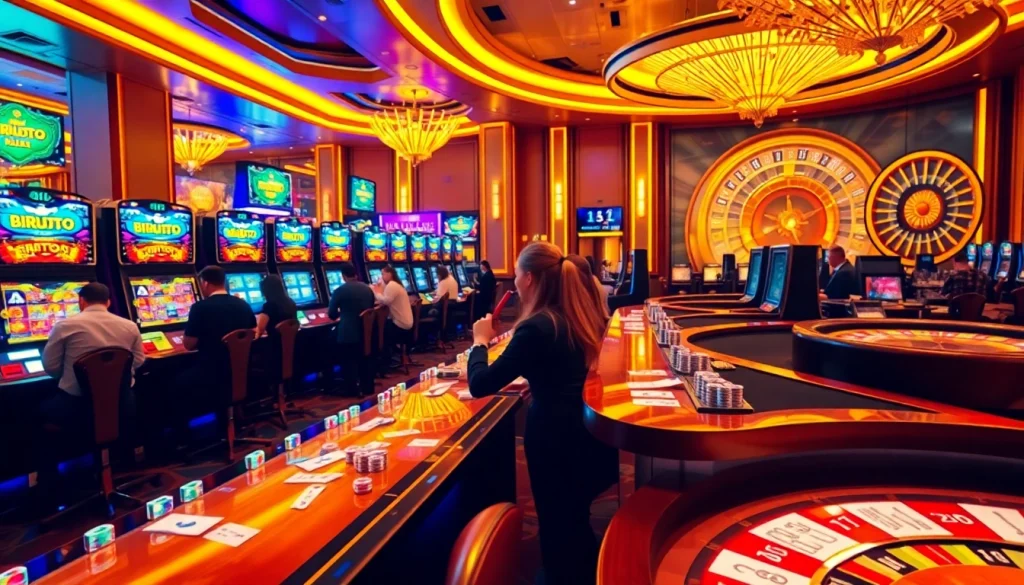 Action-packed Birutoto slot games captivate players in a luxurious casino setting.