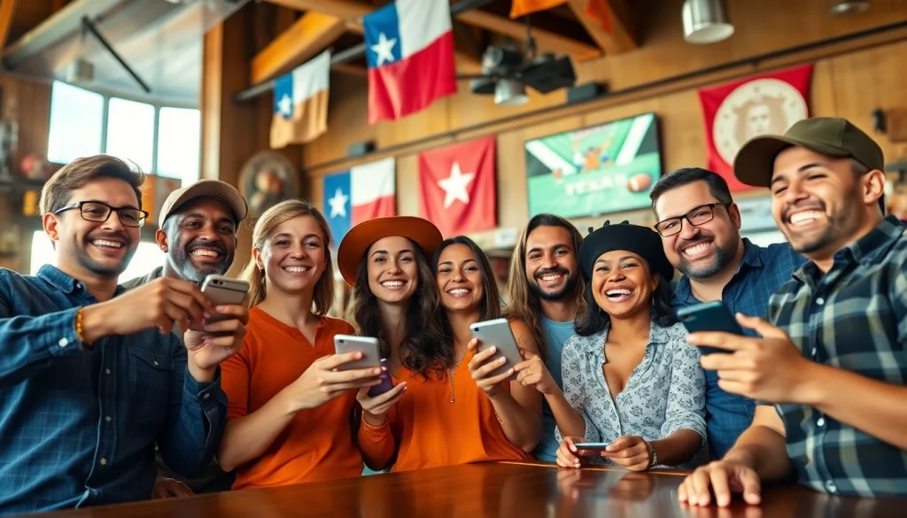 Cheerful audience engaging in Texas sports betting at a lively sports bar.