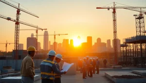 Austin construction site with diverse workers collaborating over blueprints at sunrise
