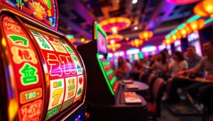 Permainan slot mahjong yang seru dengan simbol menawan dan suasana ceria di latar belakang.