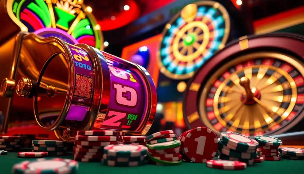 Adegan bermain yang mendebarkan dengan mesin Toto Slot, chip berwarna-warni, dan roda roulette dalam suasana kasino mewah.