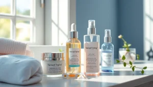 Effektiva anti-age hudvårdsprodukter vackert uppställda i en lugn spa-liknande miljö.
