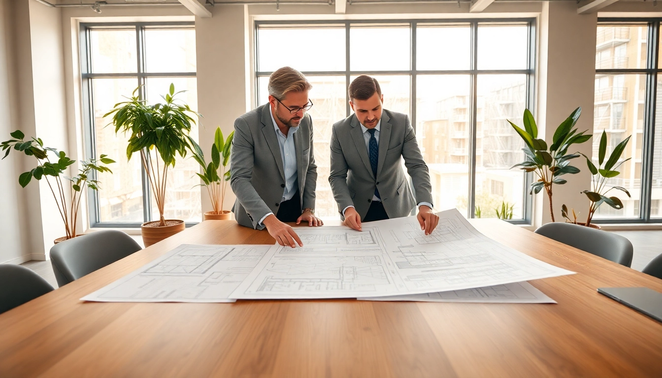 Construction advocacy carolinas professionals collaborating over blueprints in a modern office.