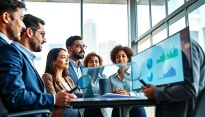 Analyzing competitive intelligence data during a corporate meeting for strategic insights.