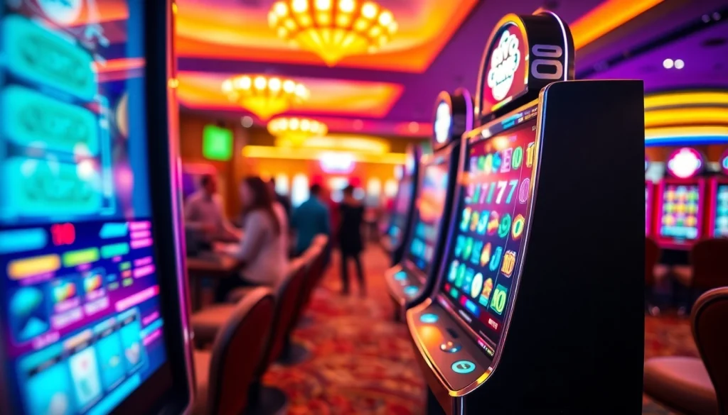 Menangkan di walettoto slot dengan mesin slot berwarna cerah dan suasana kasino yang energik.