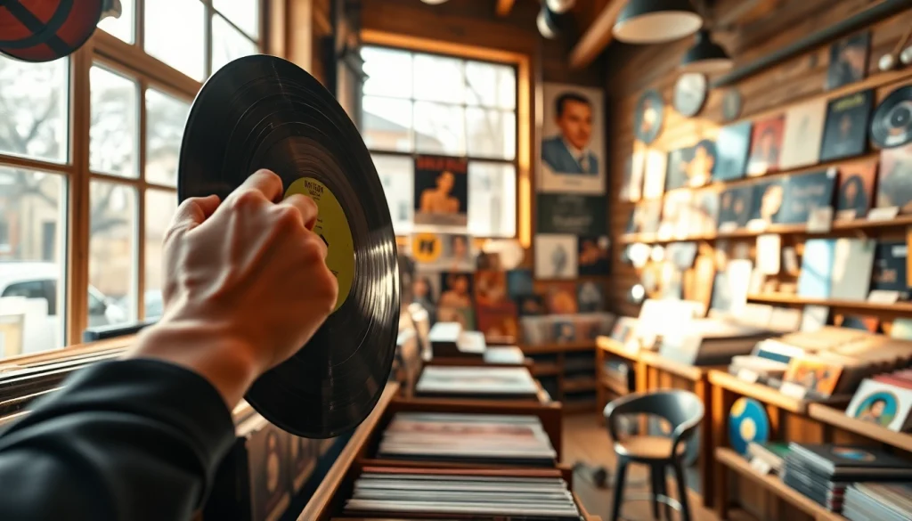 Vibrant scene of people buy vinyl india showcasing colorful records in a well-lit music shop.