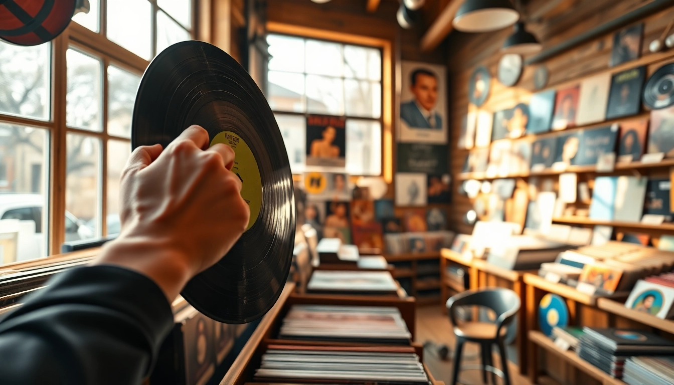 Vibrant scene of people buy vinyl india showcasing colorful records in a well-lit music shop.