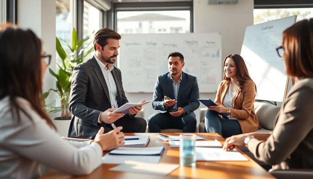 Participants engaged in a business coaching service session, collaborating in a modern office setting.