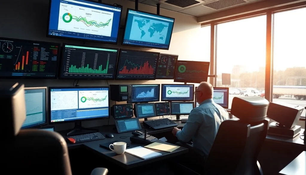 Trucking Dispatch Company coordinating logistics with technology in a modern office setting.