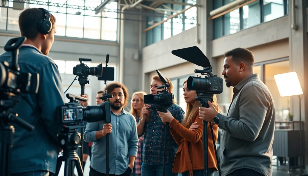 Capture a dynamic scene of a Creative Video Production Agency in action, featuring teamwork and creativity.