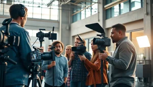 Capture a dynamic scene of a Creative Video Production Agency in action, featuring teamwork and creativity.