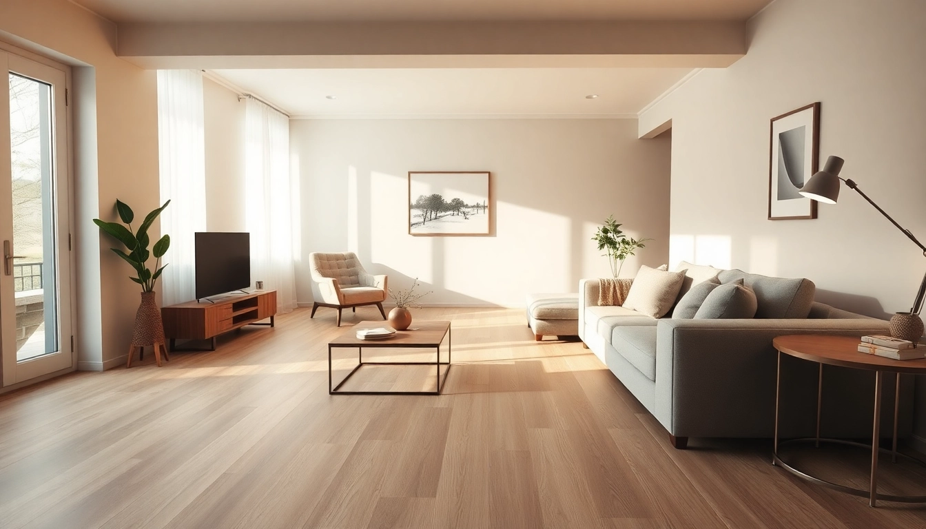 Magnifique salon présentant un carrelage imitation parquet, tons chaleureux et décoration élégante.