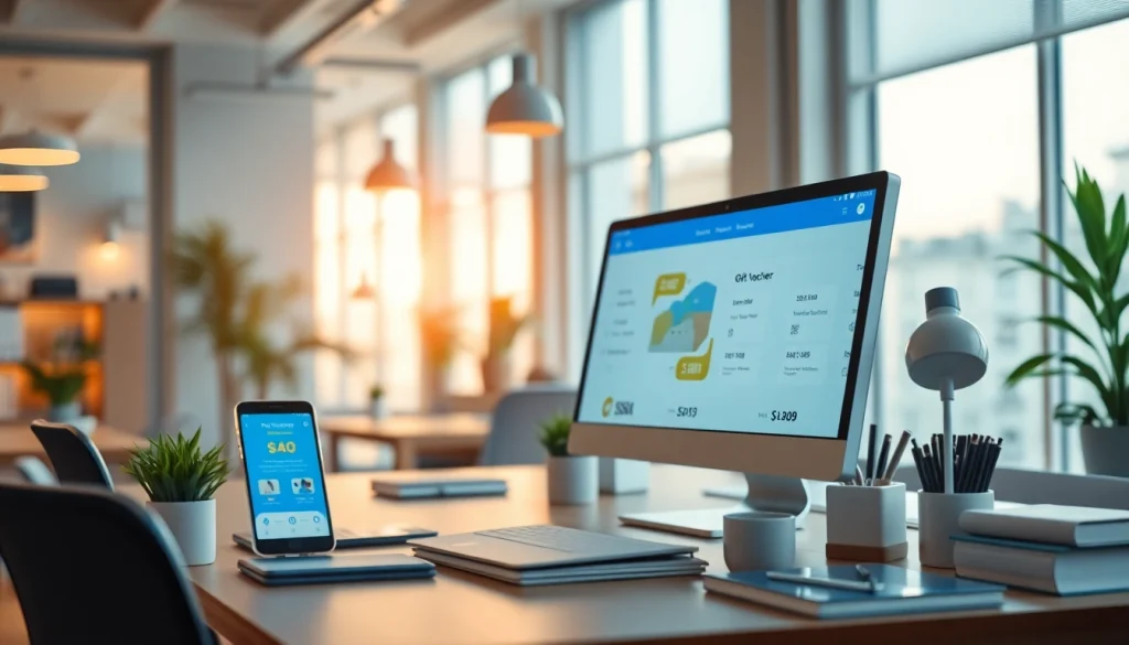 현대적인 온라인 마켓플레이스 환경에서 상품권소액결제의 시각적 표현으로, 상품권의 디지털 거래를 보여줍니다.