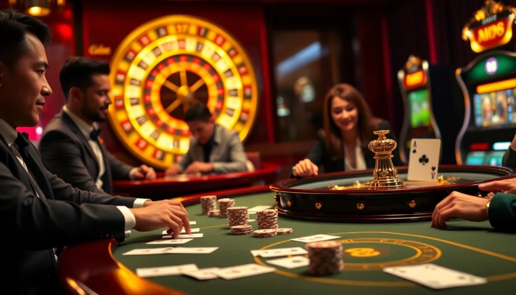 Engaged poker players enjoying a game at i9bet, showcasing excitement in a luxurious casino setting.