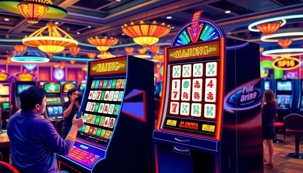 Menggunakan mahjong slot di mesin slot yang penuh warna dan ceria di kasino.