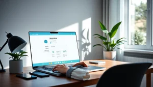 User connecting to 快连官网 on a laptop in a modern home office, highlighting efficient VPN access.
