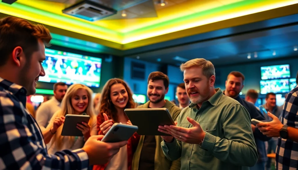 Engaged fans closely examining Georgia sports betting strategies in a lively bar environment.
