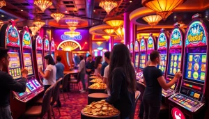 Playing doaslot slot machines surrounded by excitement and colorful casino ambiance.