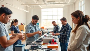 Students engaged in hands-on learning at an electrician trade school Colorado with modern tools and bright classroom.