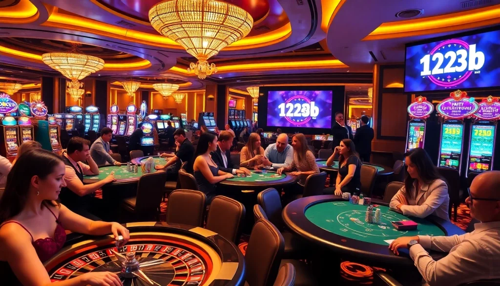 Engaged players enjoying their time at 123b casino with vibrant gaming elements.