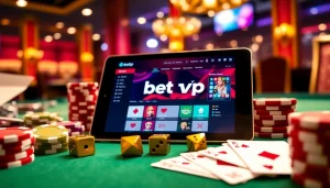 Cảnh tượng hứng khởi mô tả ứng dụng Bet VIP trên các đồng chip poker, thể hiện trải nghiệm cá cược trực tuyến.